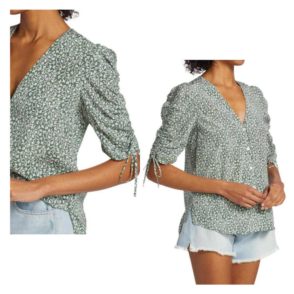 VERONICA BEARD | SZ 4 | Y2K Boho Green Floral Silk Ruched-Sleeve Top Blouse $398 - Picture 6 of 11